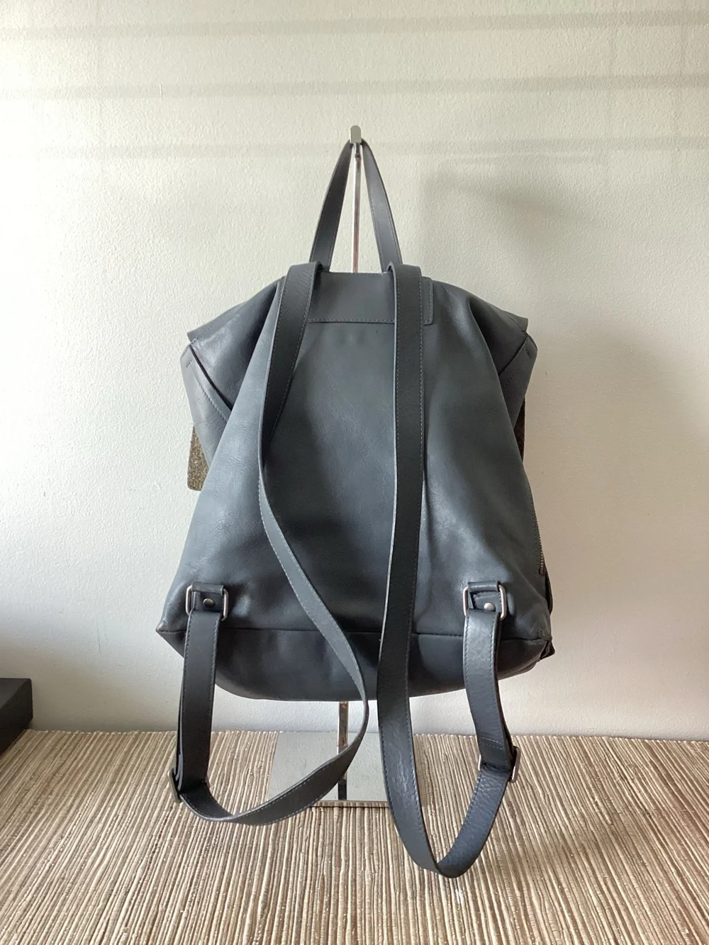 Eileen Fisher Charcoal Grey Leather Flap Backpack Purse Bag